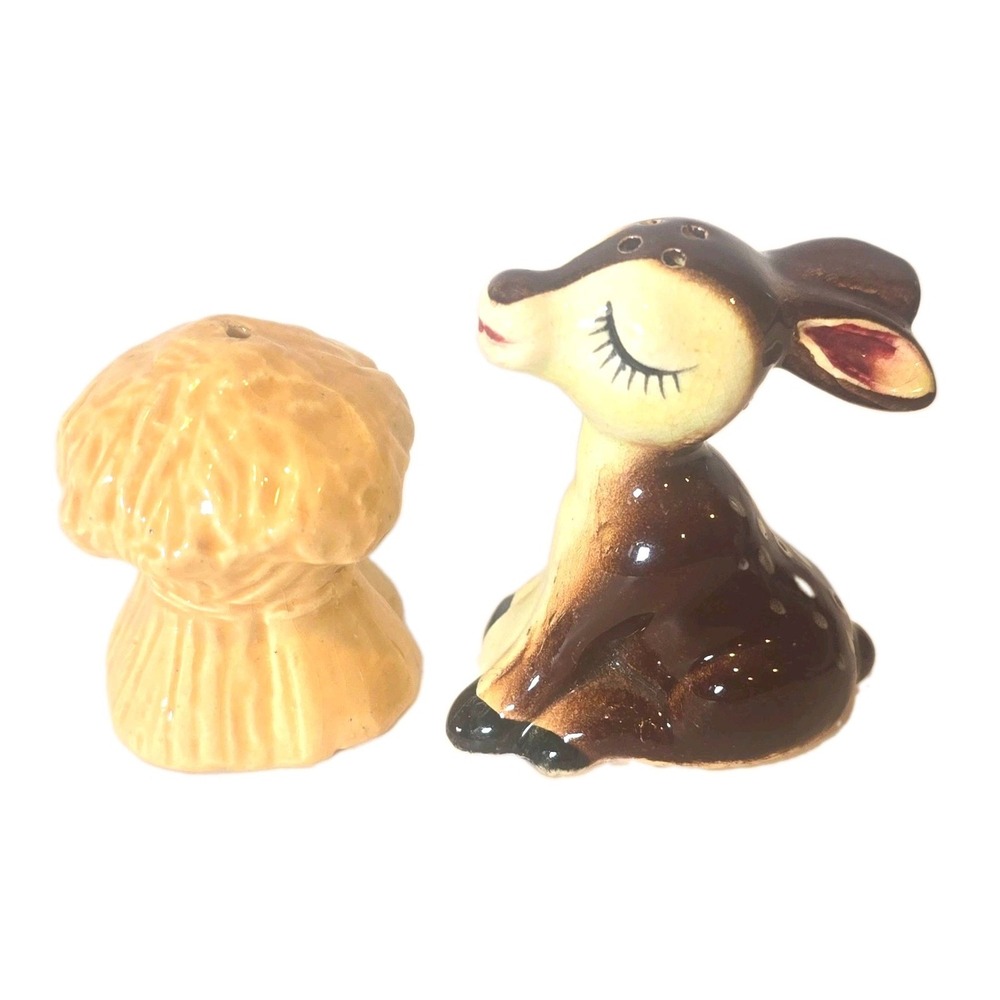 Vintage Japan Deer & Haystack Salt Pepper Shakers Ceramic Figural Pair
